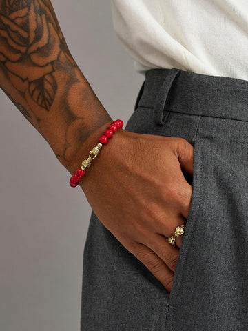 Nialaya Men's Beaded Bracelet Red Jade Healing Bracelet with Gold Lock Red Jade Healing Bracelet with Gold Lock